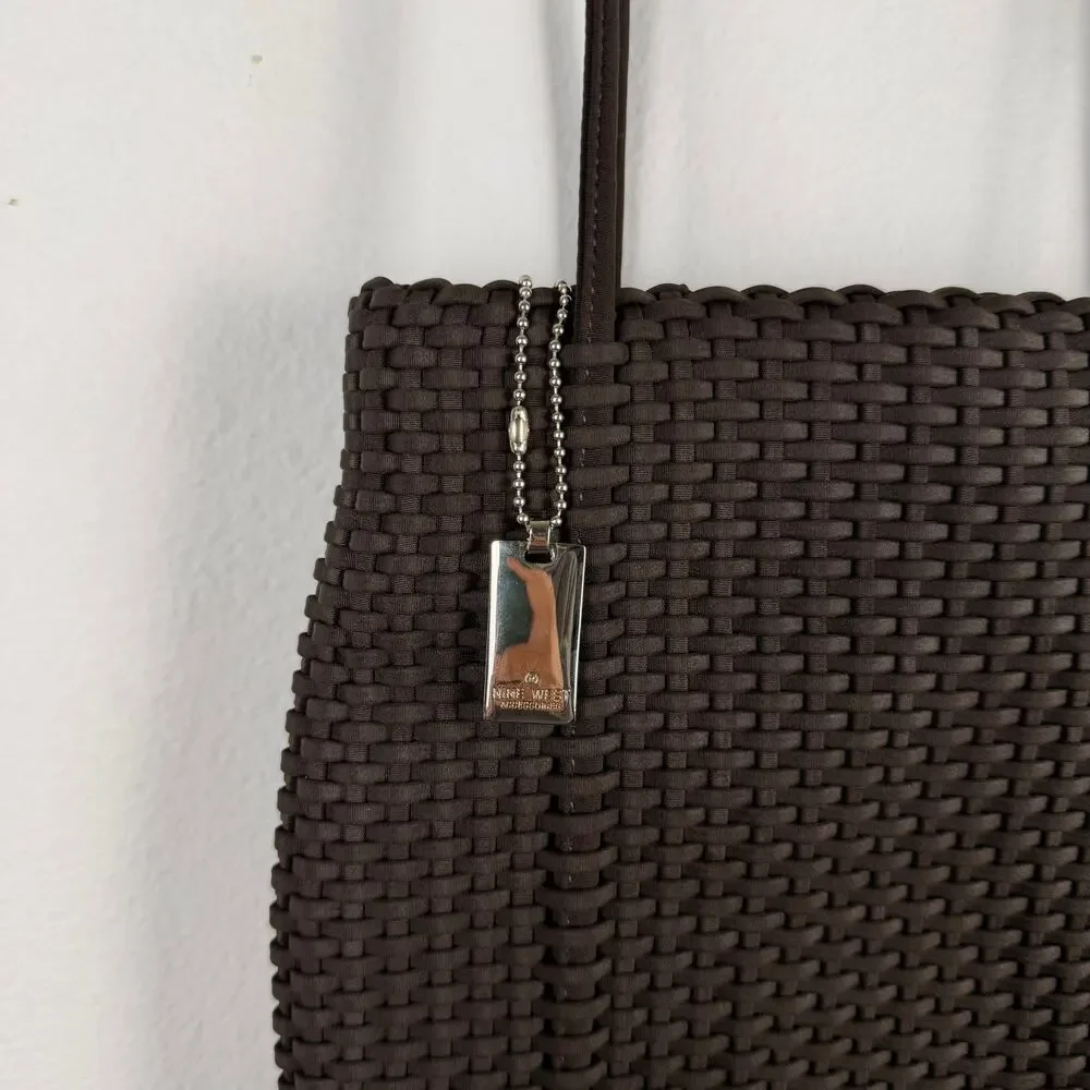 Nine West Chocolate Brown Woven Shoulder Bag Purse Y2K Square Zip Closure